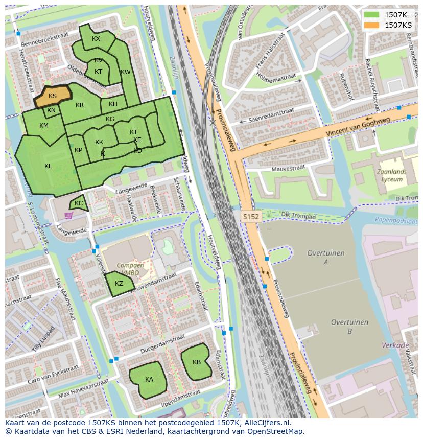Afbeelding van het postcodegebied 1507 KS op de kaart.