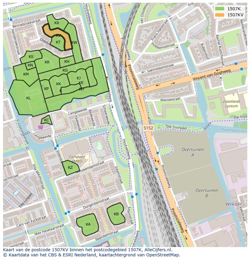 Afbeelding van het postcodegebied 1507 KV op de kaart.