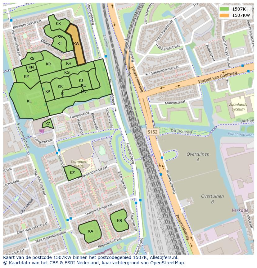 Afbeelding van het postcodegebied 1507 KW op de kaart.