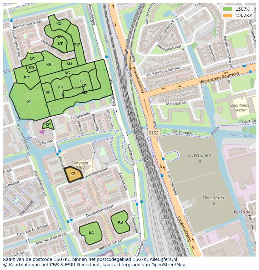 Afbeelding van het postcodegebied 1507 KZ op de kaart.