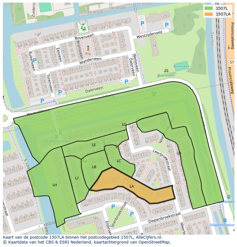 Afbeelding van het postcodegebied 1507 LA op de kaart.