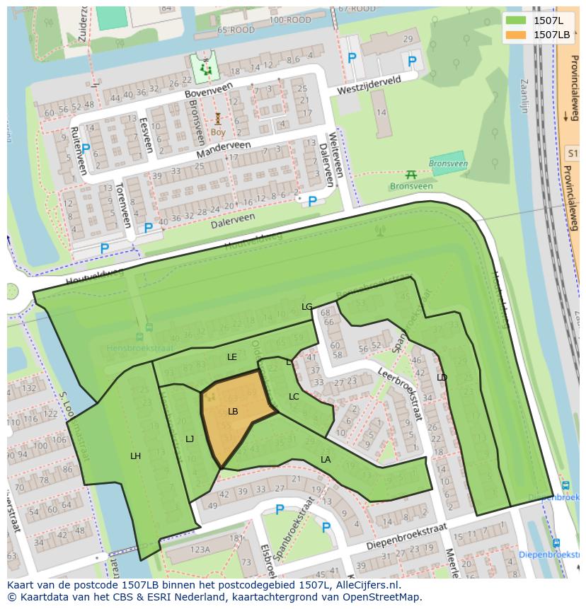 Afbeelding van het postcodegebied 1507 LB op de kaart.