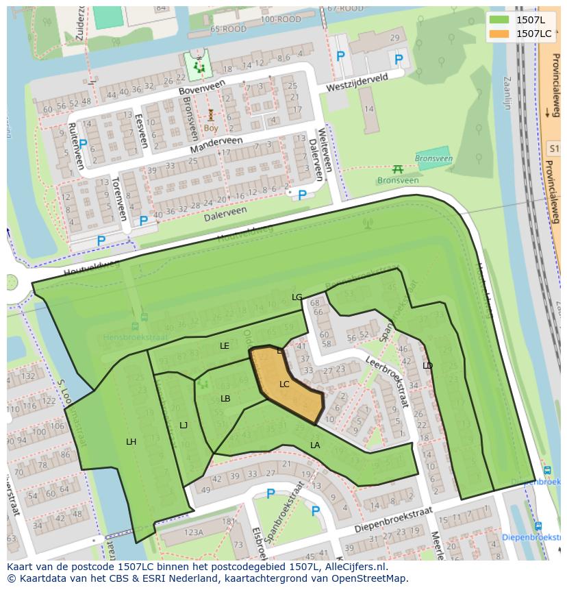Afbeelding van het postcodegebied 1507 LC op de kaart.