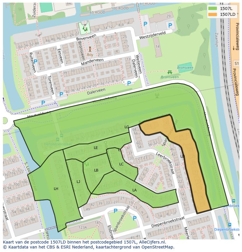 Afbeelding van het postcodegebied 1507 LD op de kaart.