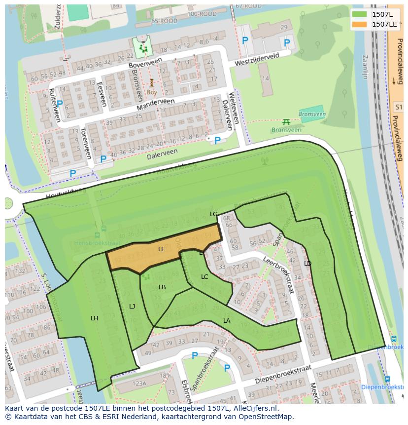Afbeelding van het postcodegebied 1507 LE op de kaart.