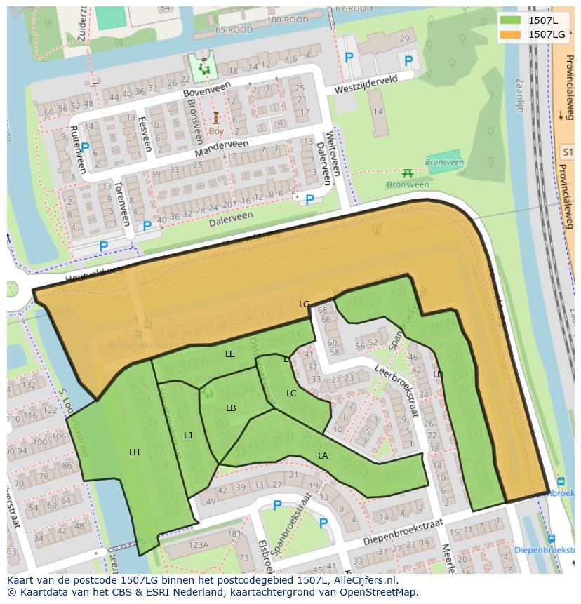 Afbeelding van het postcodegebied 1507 LG op de kaart.