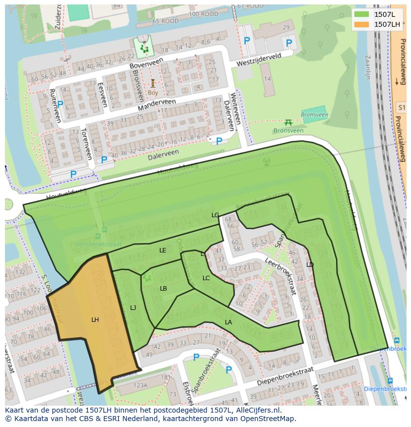 Afbeelding van het postcodegebied 1507 LH op de kaart.