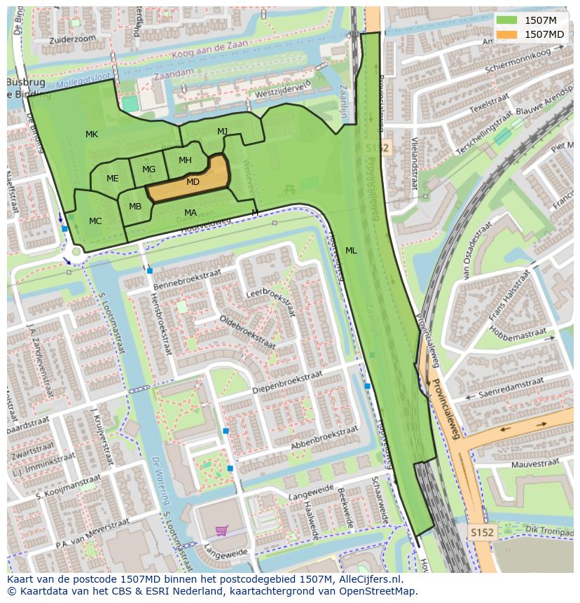 Afbeelding van het postcodegebied 1507 MD op de kaart.