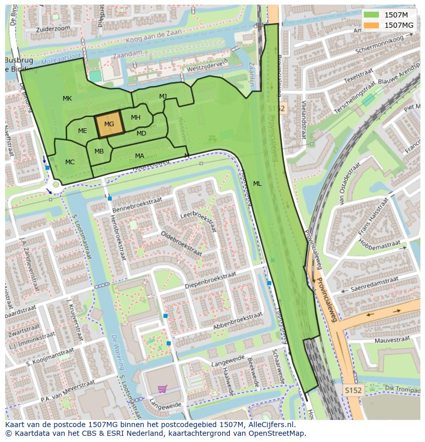 Afbeelding van het postcodegebied 1507 MG op de kaart.