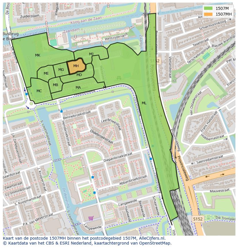 Afbeelding van het postcodegebied 1507 MH op de kaart.