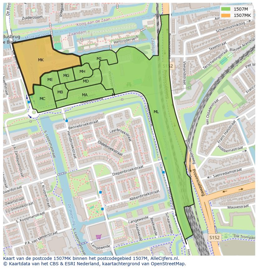Afbeelding van het postcodegebied 1507 MK op de kaart.