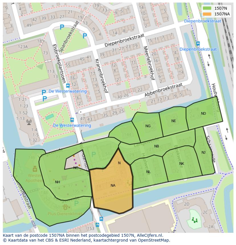 Afbeelding van het postcodegebied 1507 NA op de kaart.
