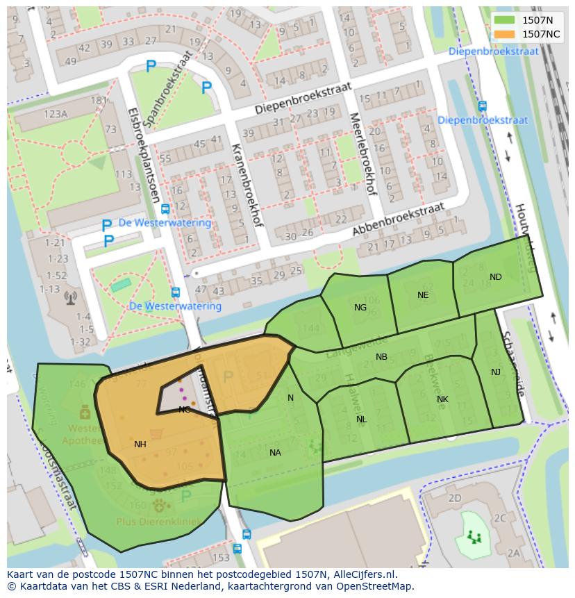 Afbeelding van het postcodegebied 1507 NC op de kaart.
