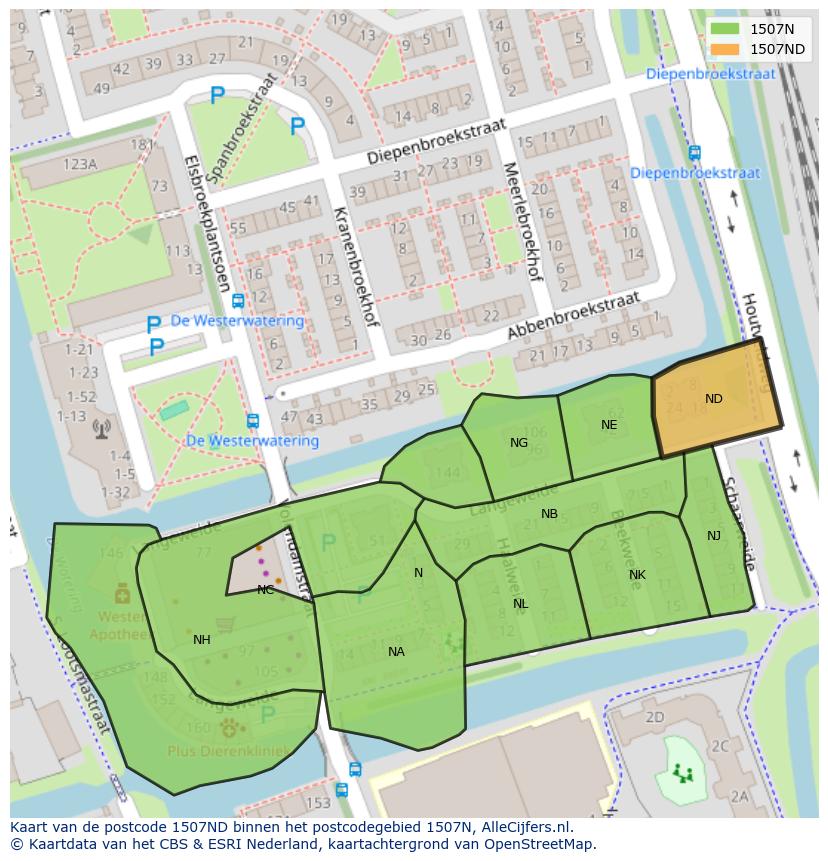 Afbeelding van het postcodegebied 1507 ND op de kaart.