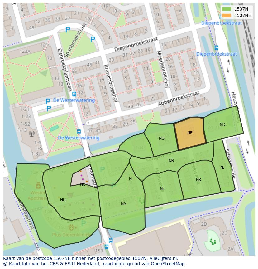 Afbeelding van het postcodegebied 1507 NE op de kaart.