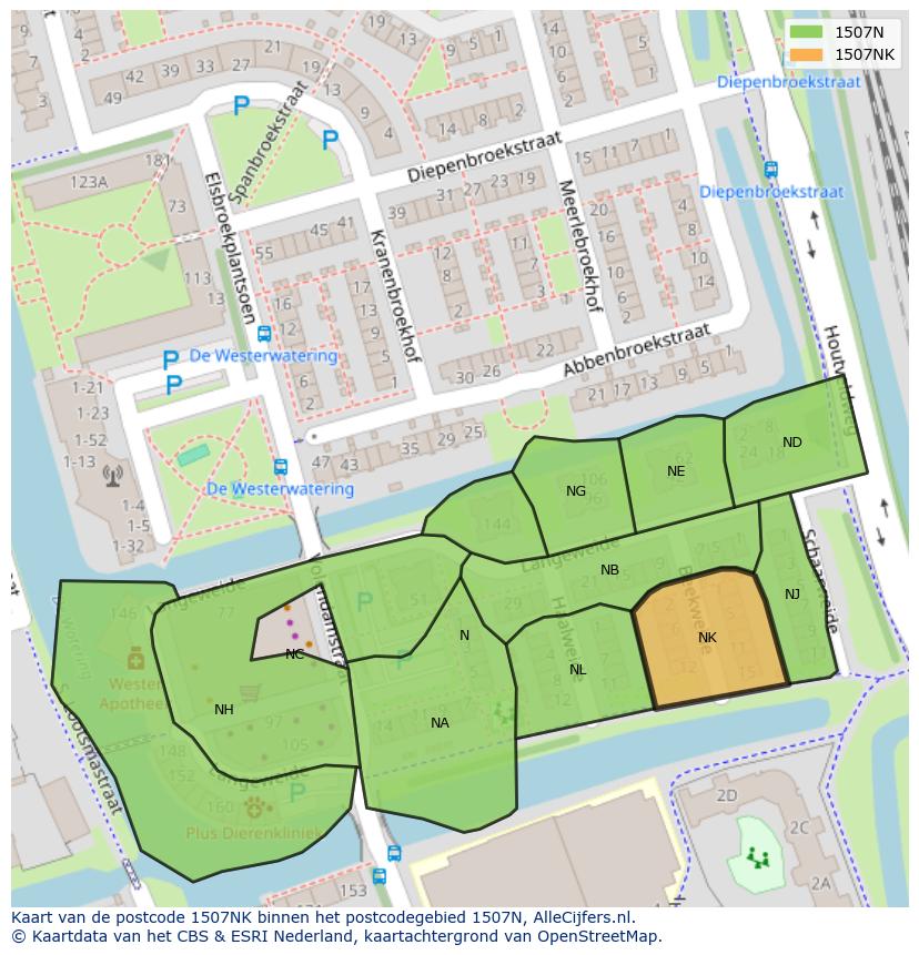 Afbeelding van het postcodegebied 1507 NK op de kaart.