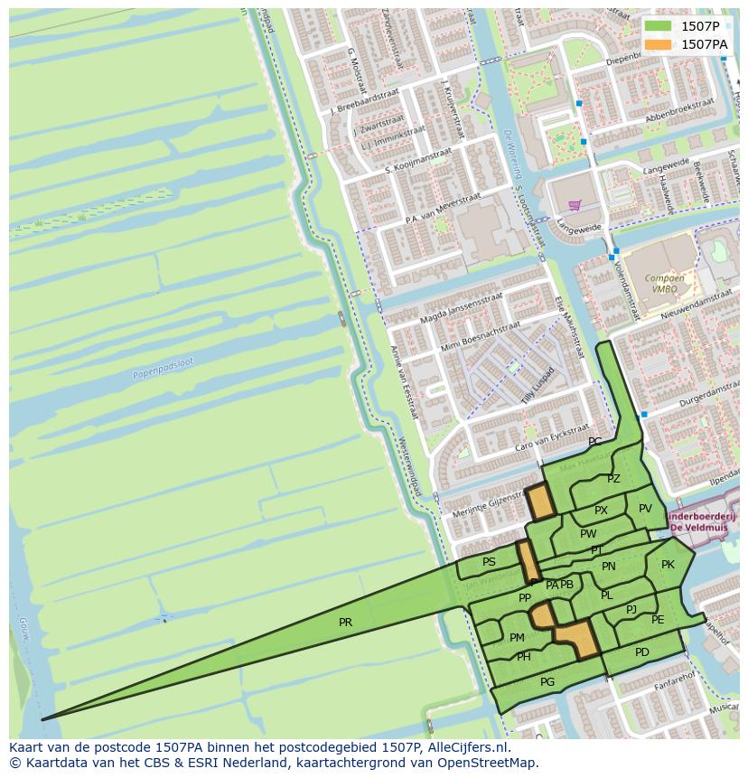 Afbeelding van het postcodegebied 1507 PA op de kaart.