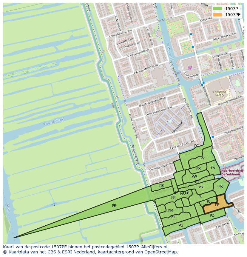 Afbeelding van het postcodegebied 1507 PE op de kaart.