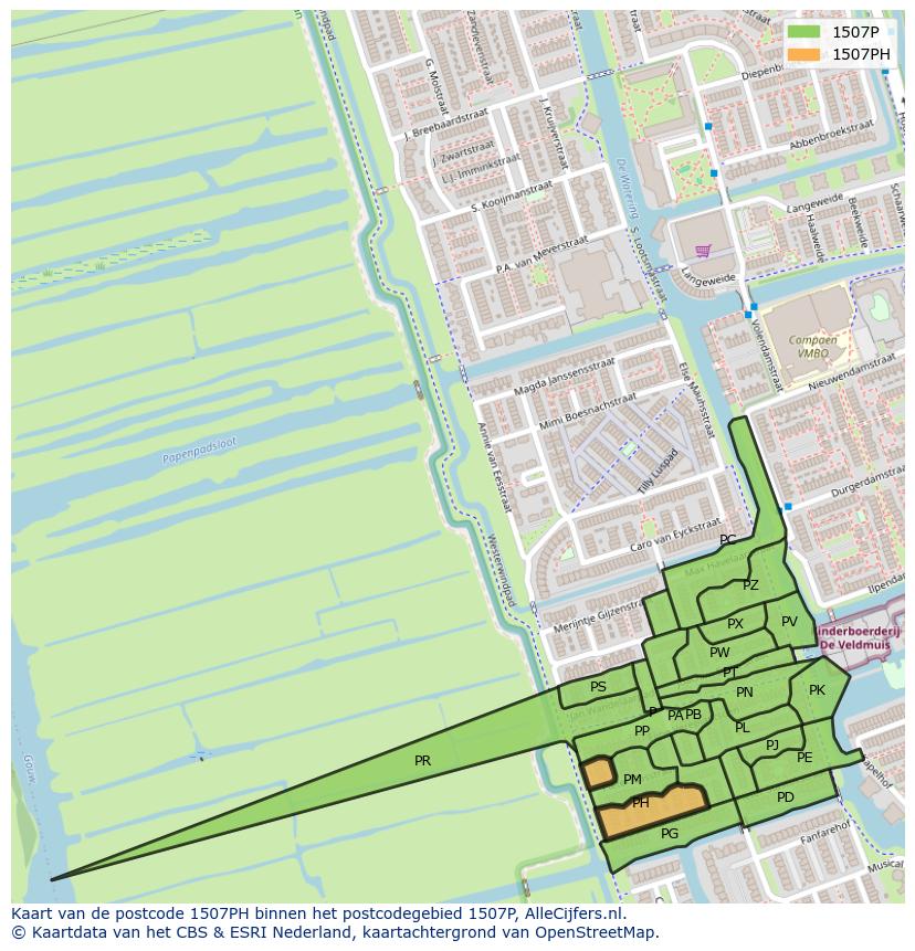 Afbeelding van het postcodegebied 1507 PH op de kaart.