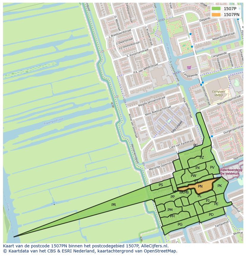 Afbeelding van het postcodegebied 1507 PN op de kaart.