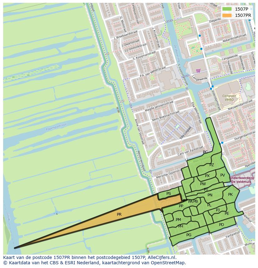 Afbeelding van het postcodegebied 1507 PR op de kaart.
