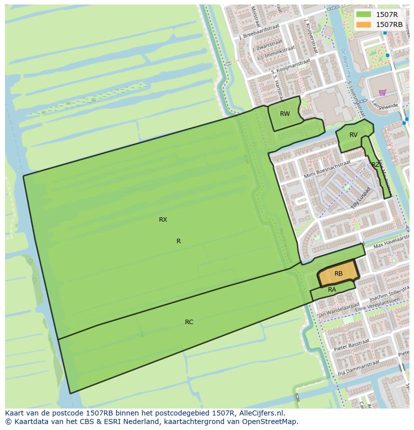Afbeelding van het postcodegebied 1507 RB op de kaart.
