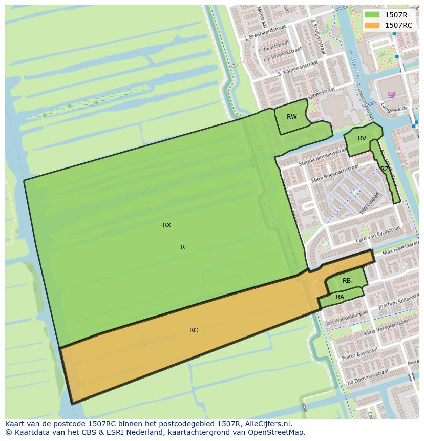 Afbeelding van het postcodegebied 1507 RC op de kaart.