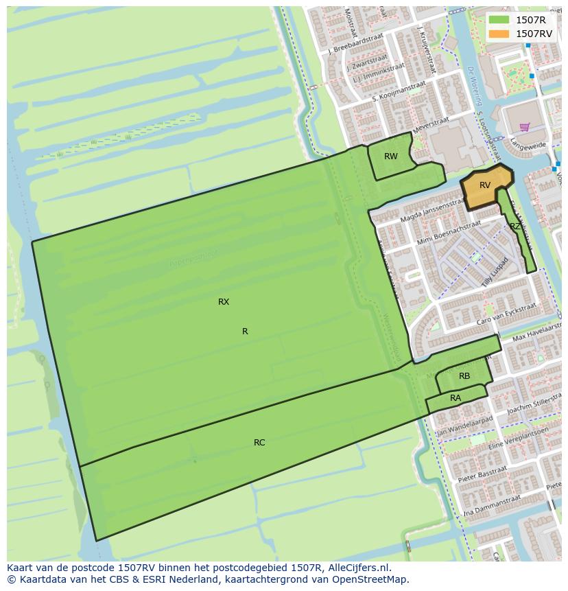 Afbeelding van het postcodegebied 1507 RV op de kaart.