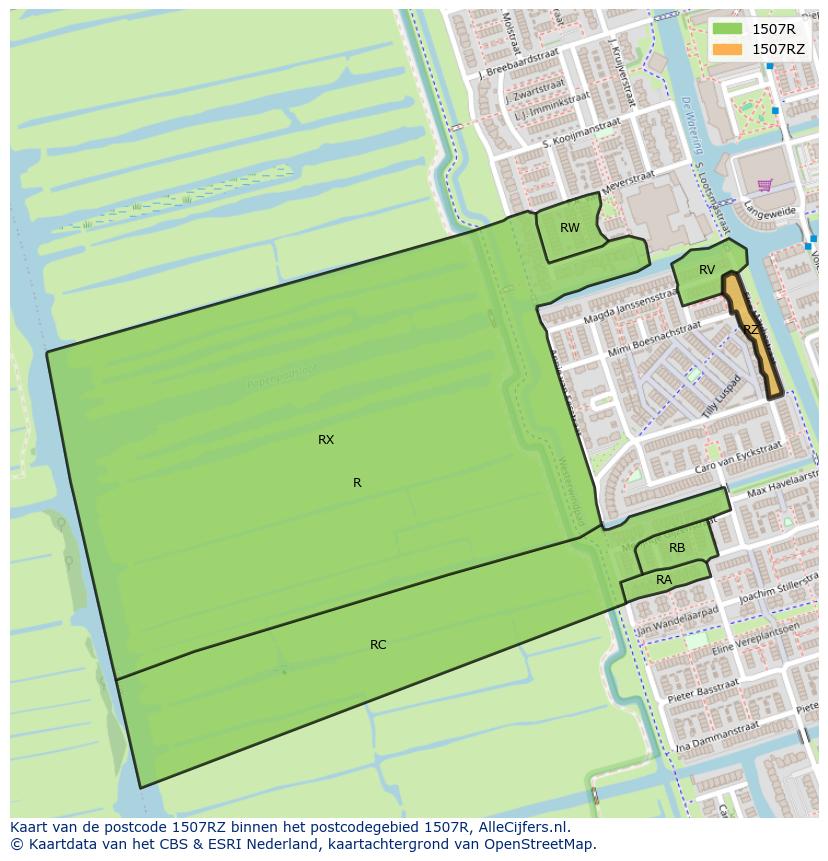 Afbeelding van het postcodegebied 1507 RZ op de kaart.