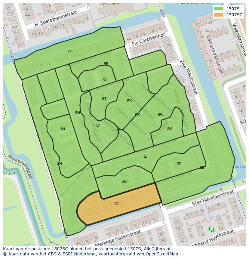 Afbeelding van het postcodegebied 1507 SC op de kaart.