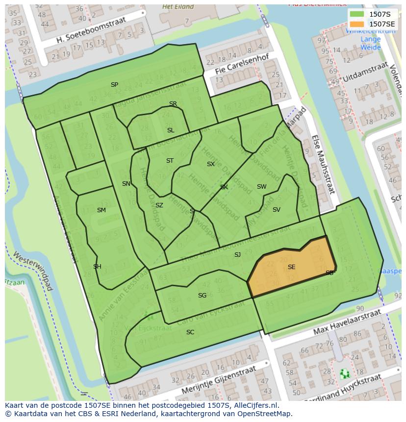 Afbeelding van het postcodegebied 1507 SE op de kaart.