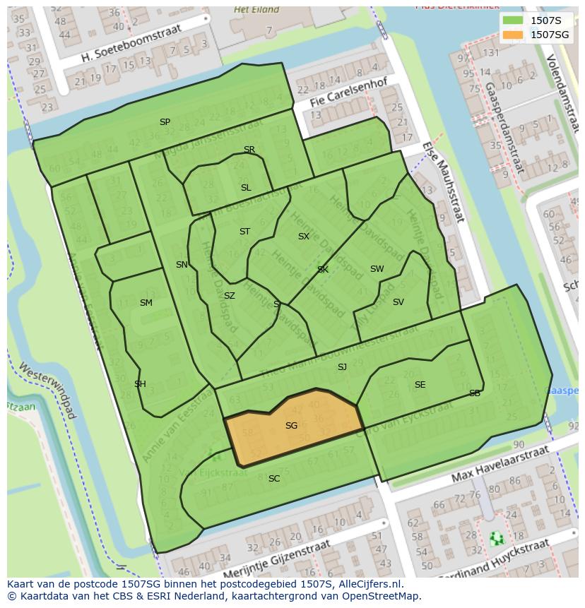 Afbeelding van het postcodegebied 1507 SG op de kaart.