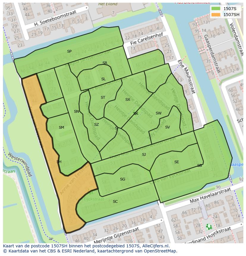 Afbeelding van het postcodegebied 1507 SH op de kaart.