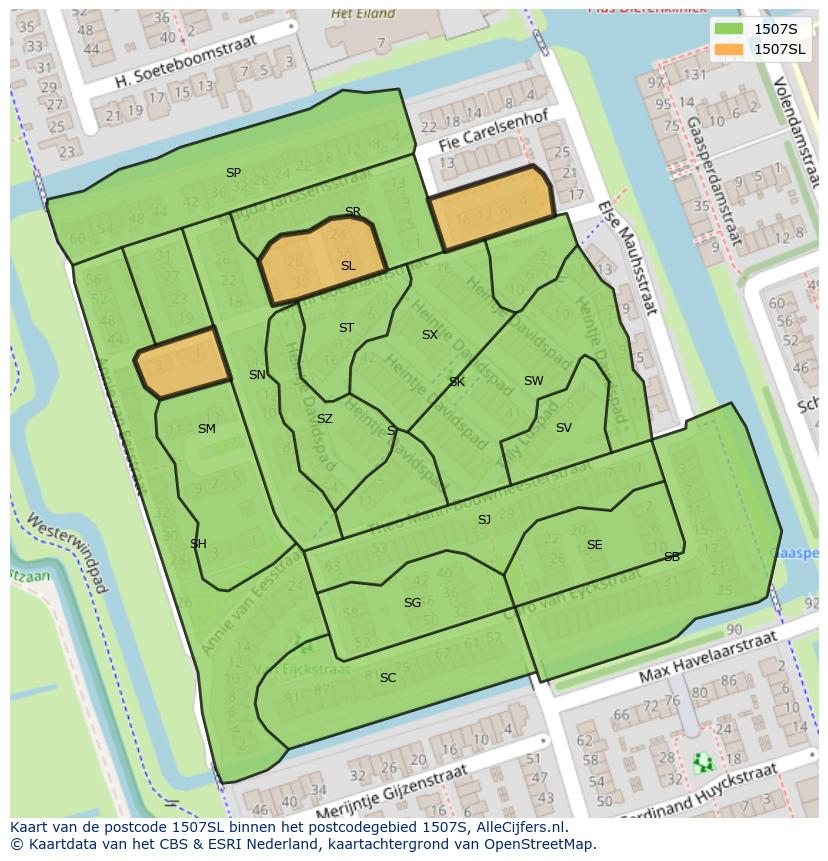 Afbeelding van het postcodegebied 1507 SL op de kaart.