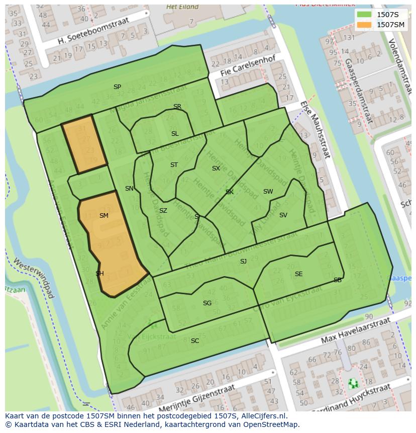 Afbeelding van het postcodegebied 1507 SM op de kaart.