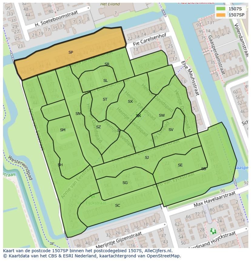 Afbeelding van het postcodegebied 1507 SP op de kaart.