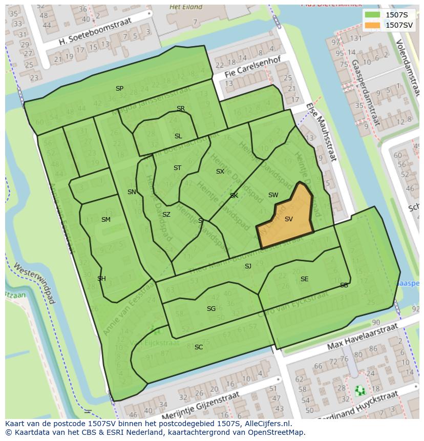 Afbeelding van het postcodegebied 1507 SV op de kaart.