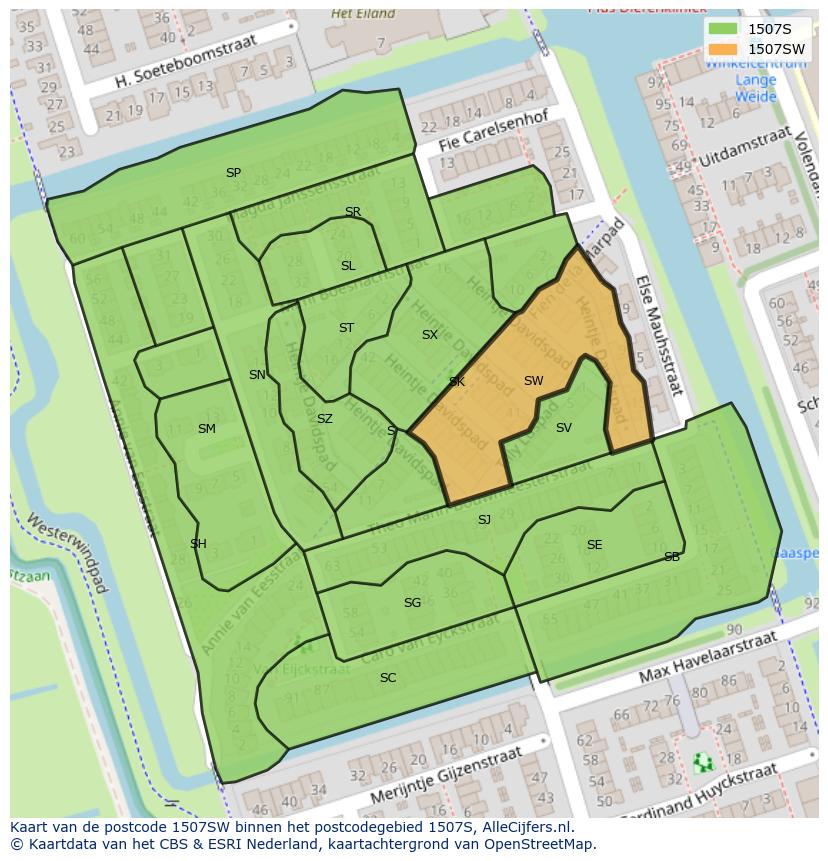Afbeelding van het postcodegebied 1507 SW op de kaart.