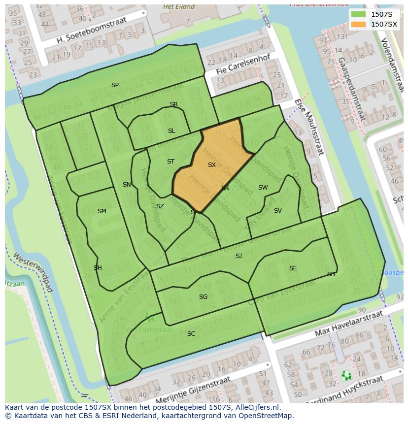 Afbeelding van het postcodegebied 1507 SX op de kaart.