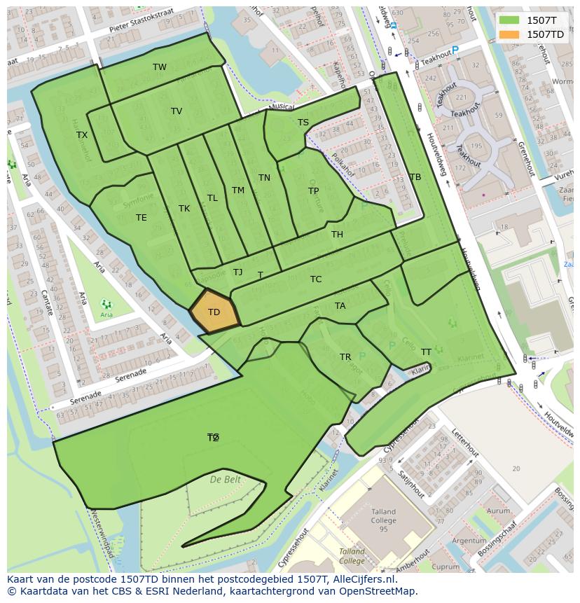 Afbeelding van het postcodegebied 1507 TD op de kaart.