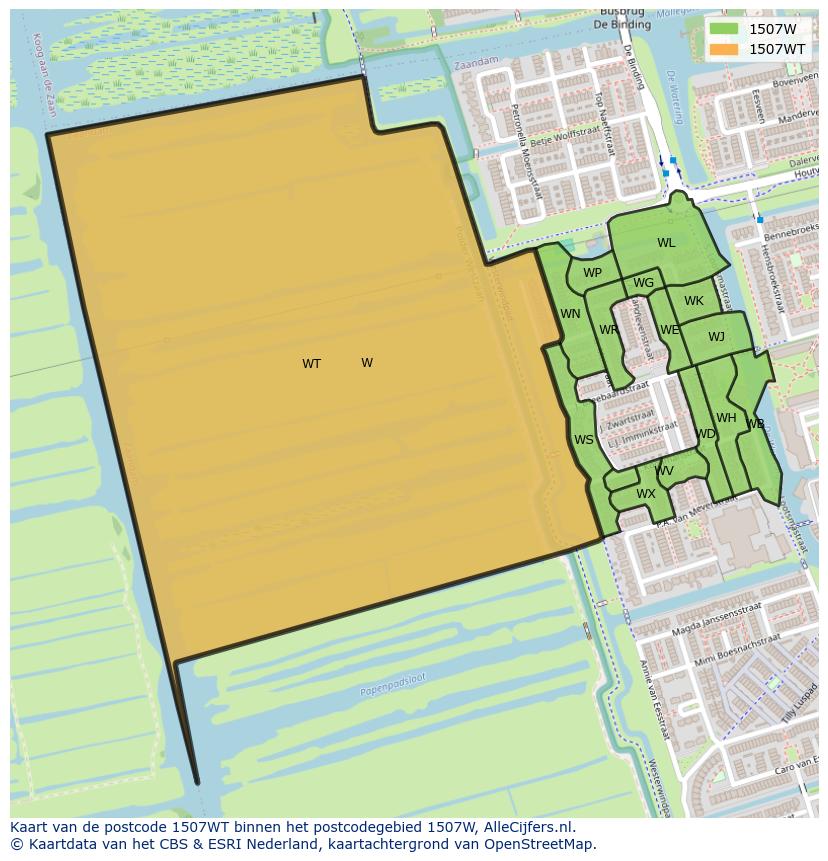 Afbeelding van het postcodegebied 1507 WT op de kaart.