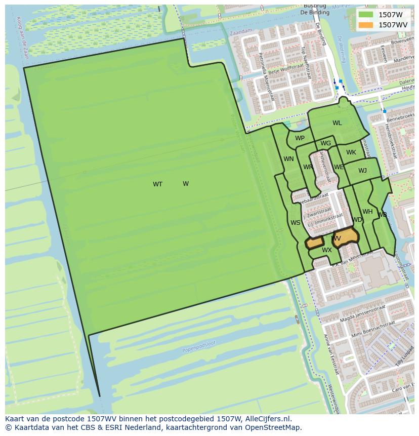 Afbeelding van het postcodegebied 1507 WV op de kaart.
