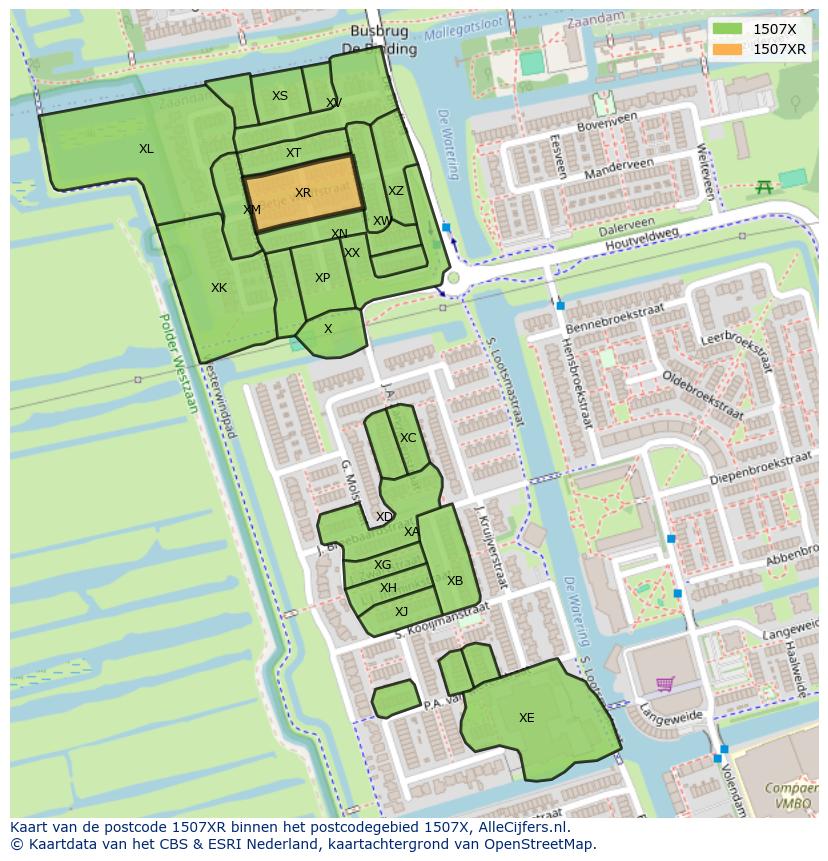 Afbeelding van het postcodegebied 1507 XR op de kaart.