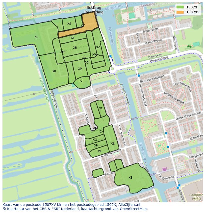 Afbeelding van het postcodegebied 1507 XV op de kaart.