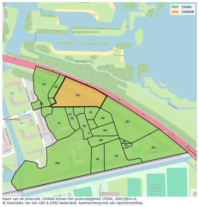 Afbeelding van het postcodegebied 1508 AB op de kaart.