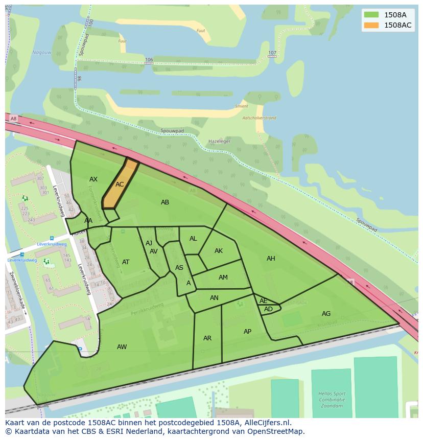Afbeelding van het postcodegebied 1508 AC op de kaart.
