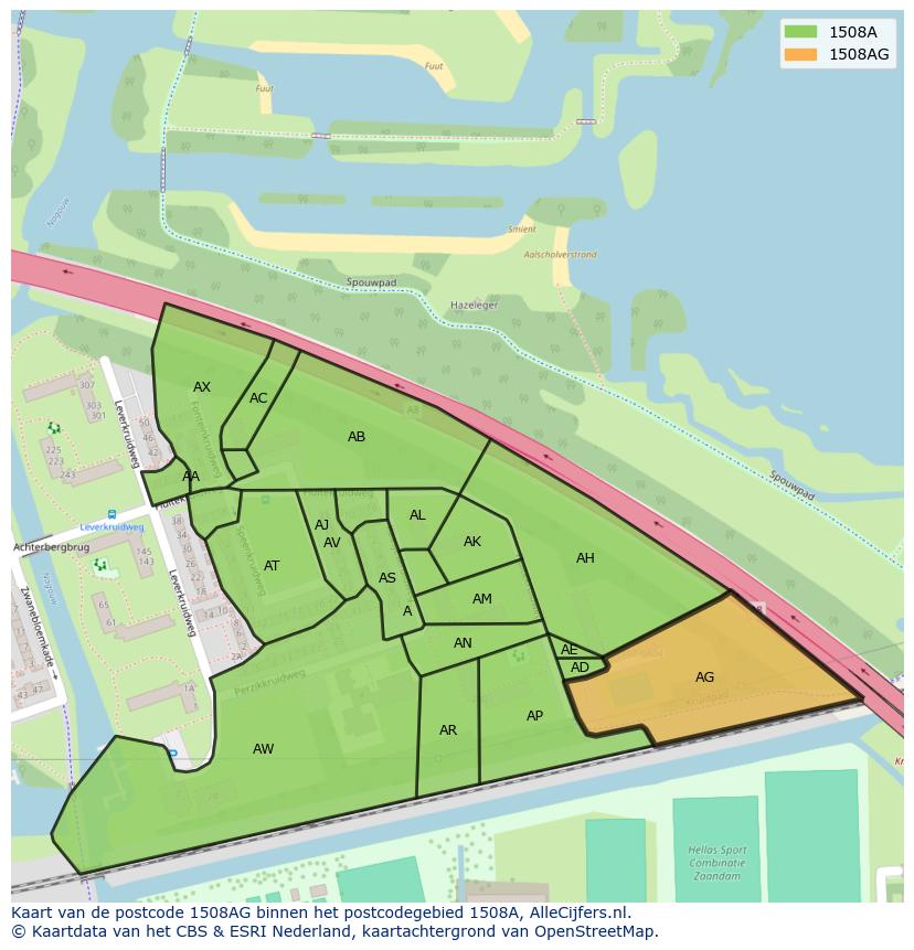 Afbeelding van het postcodegebied 1508 AG op de kaart.