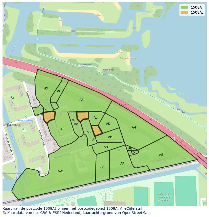 Afbeelding van het postcodegebied 1508 AJ op de kaart.