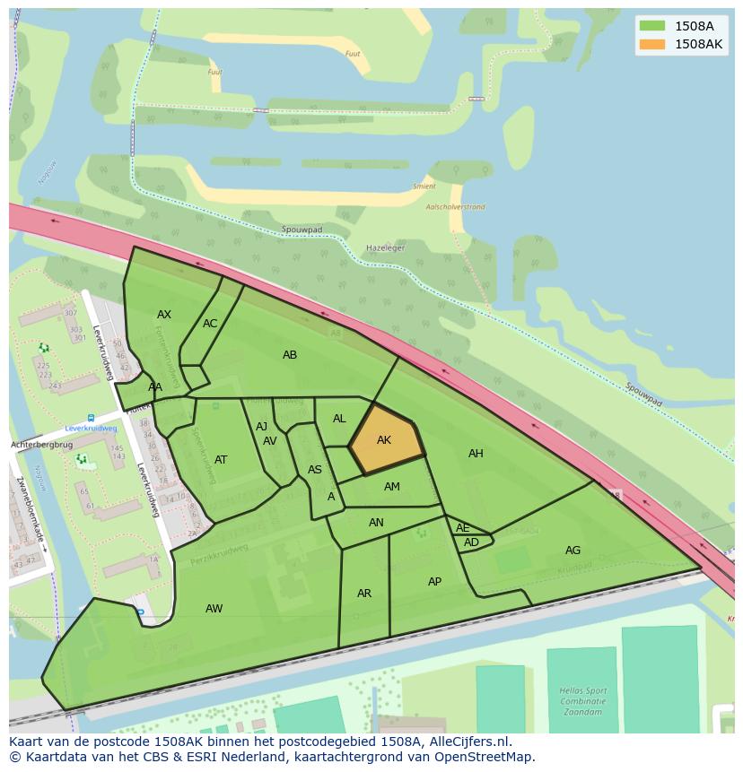 Afbeelding van het postcodegebied 1508 AK op de kaart.