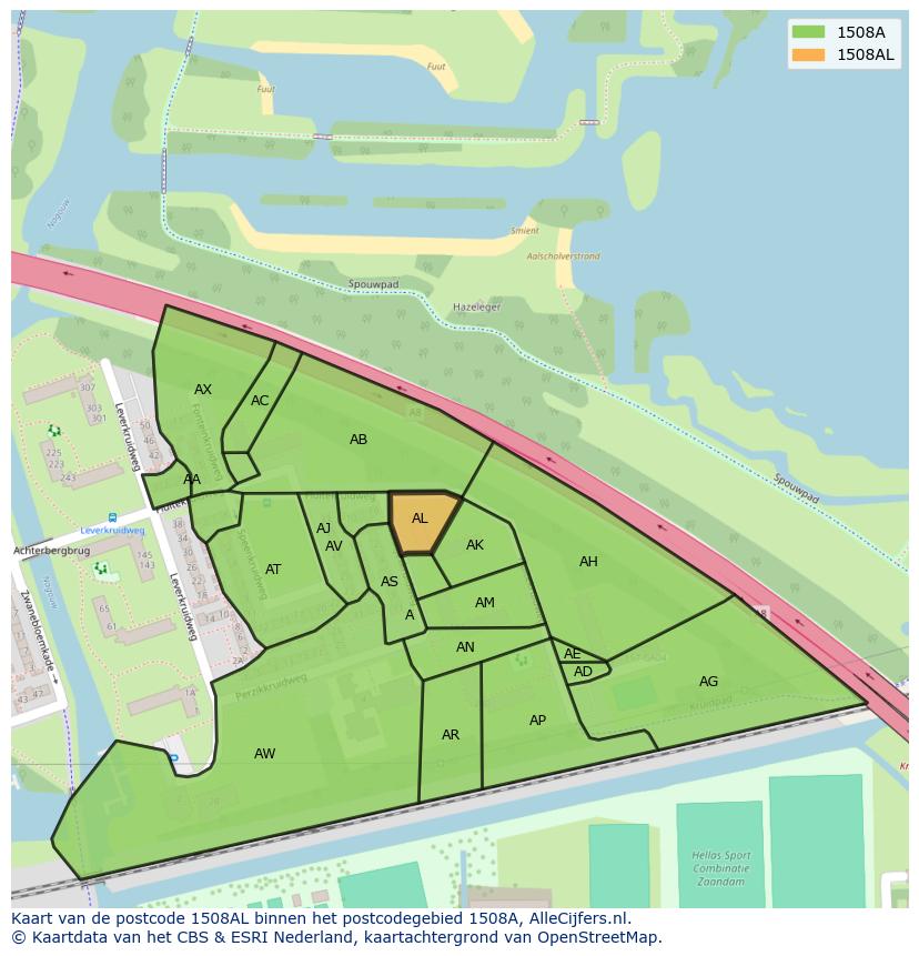 Afbeelding van het postcodegebied 1508 AL op de kaart.